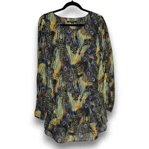 Zac and Rachel Women Medium Peacock Feather Print Sheer Layered Blouse Blue Gold